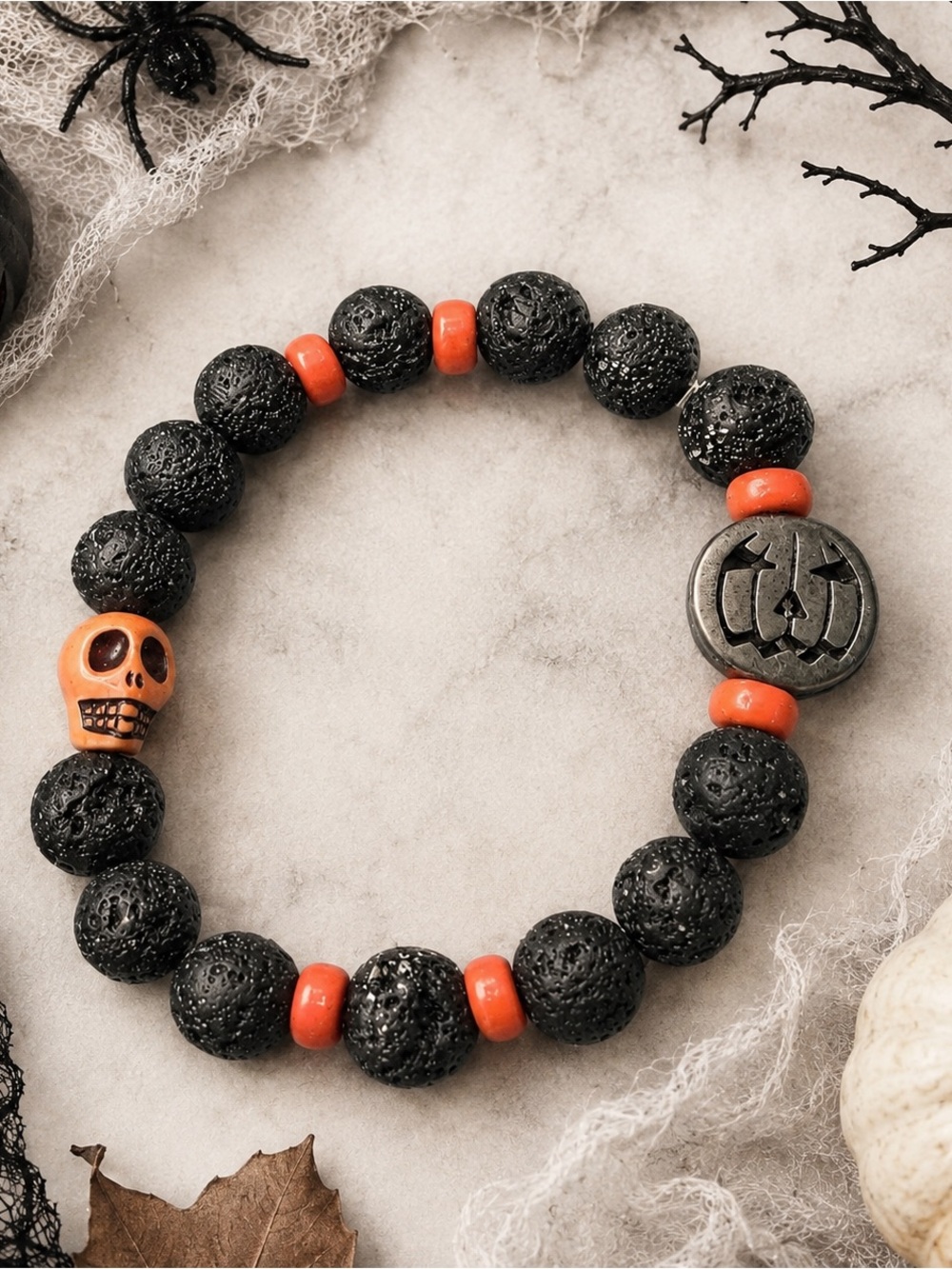 Halloween Black Lava Rock Beaded Stretch Bracelet w/ Skull Bead & Pumpkin Charm